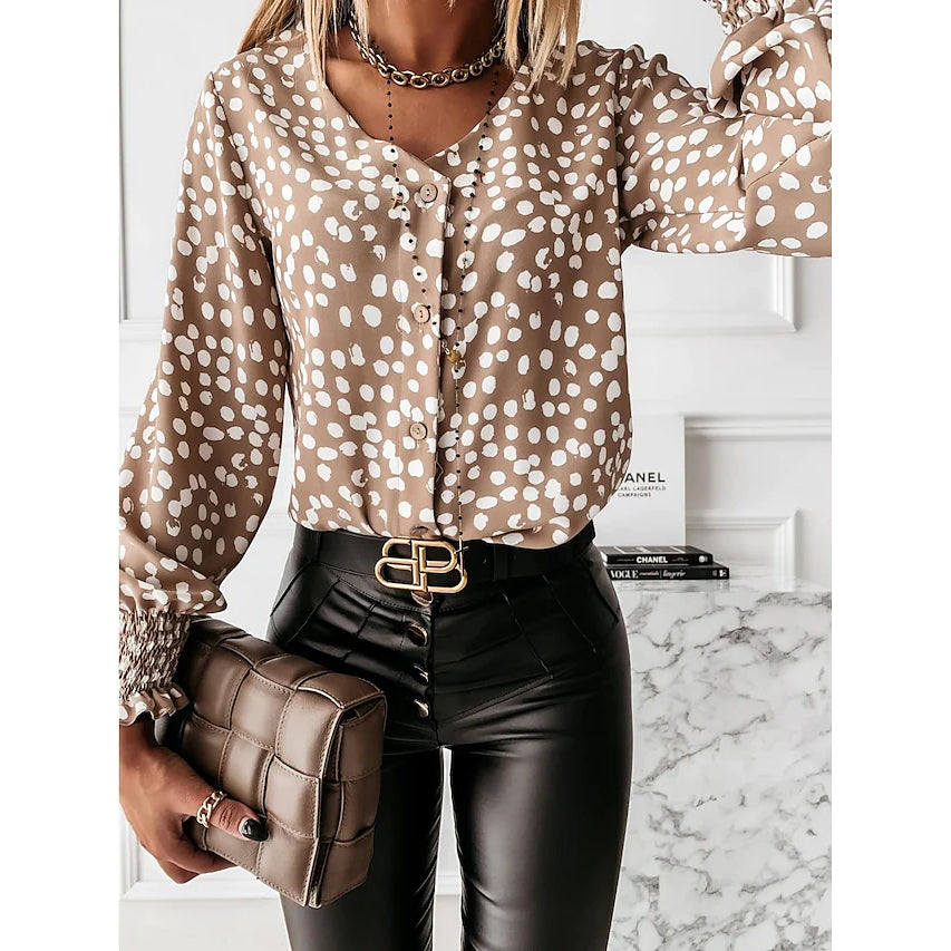 Women's Polka Dot Long Sleeve Casual Shirt Women's Tops Khaki S - DailySale