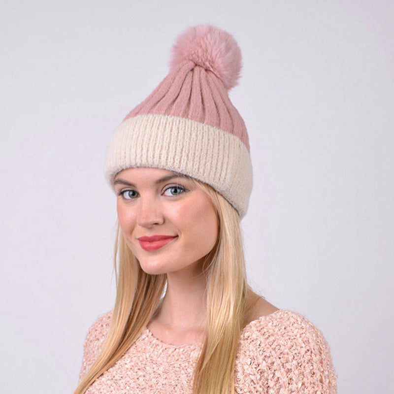 Women's Pom Pom Two-Tone Knit Winter Hat Women's Accessories - DailySale