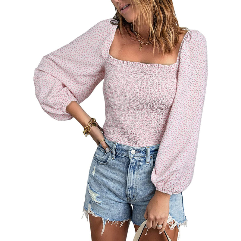 Women's Puff Long Sleeve Square Neck Tops Women's Tops Pink S - DailySale