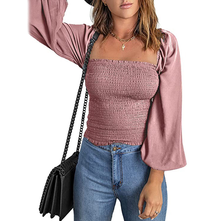 Women's Puff Long Sleeve Square Neck Tops Women's Tops Pink S - DailySale