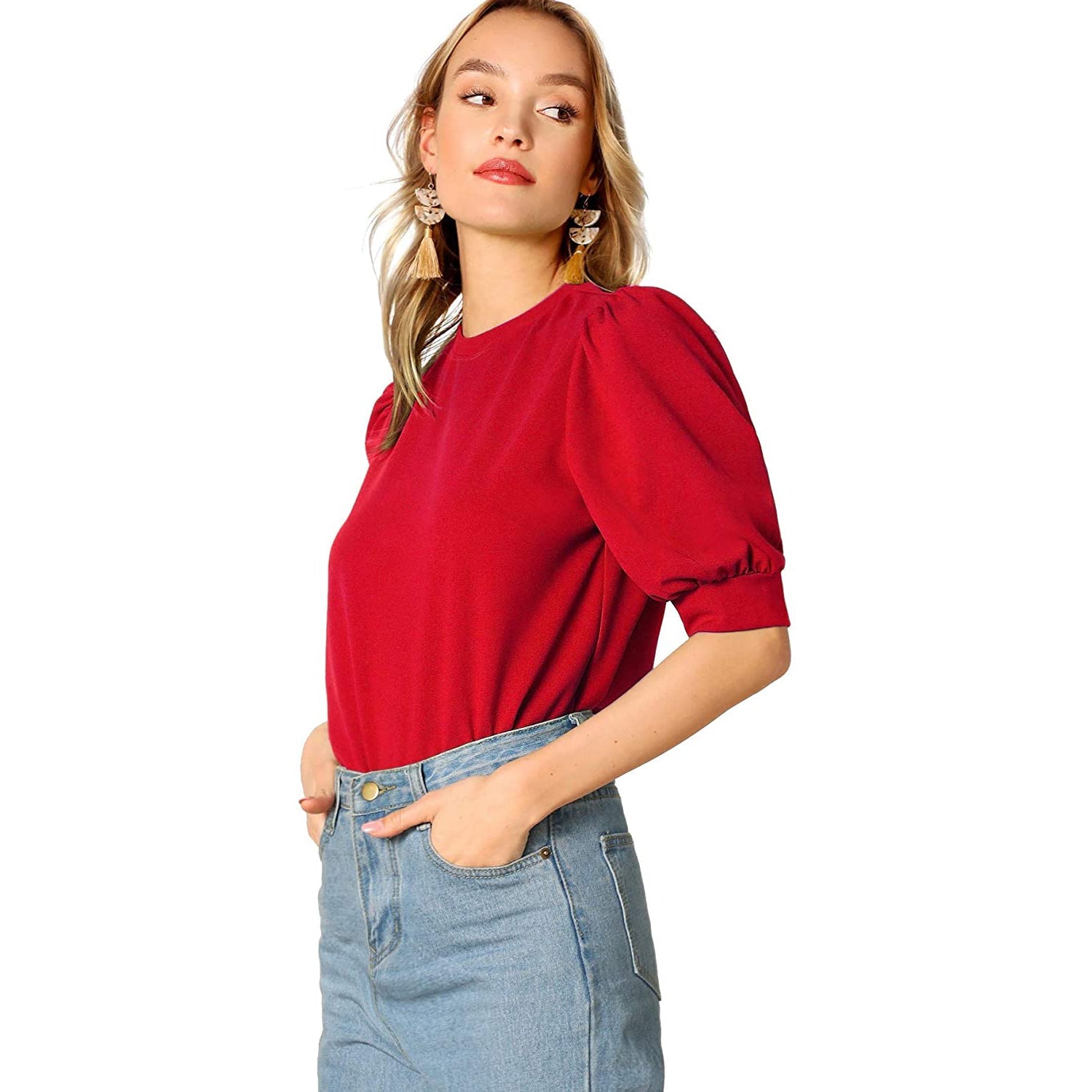 Women's Puff Sleeve Pullover Keyhole Back Blouse Women's Tops - DailySale