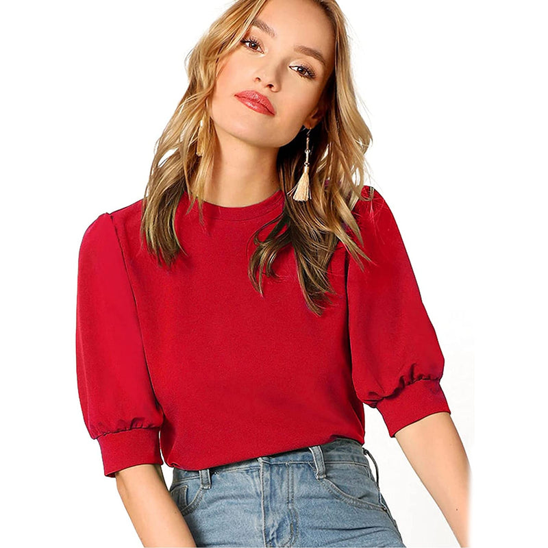 Women's Puff Sleeve Pullover Keyhole Back Blouse Women's Tops Red XS - DailySale