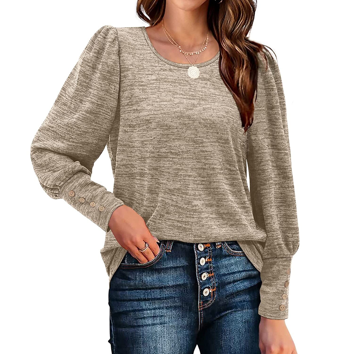 Women's Puff Sleeve Tops Women's Tops Khaki S - DailySale