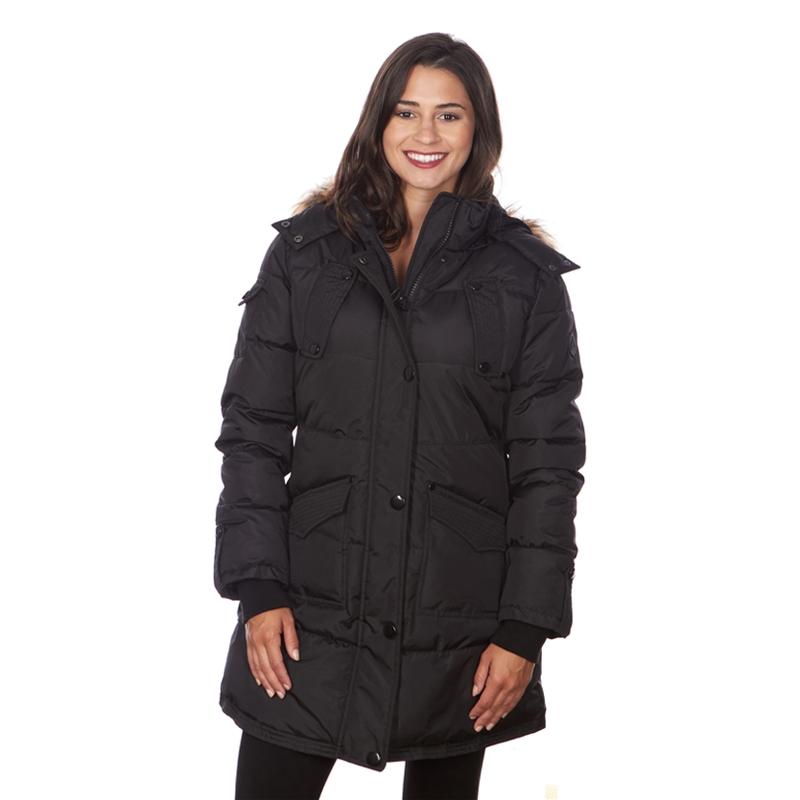 Women's Puffy Coat with Large Pockets and Faux Fur Hood Women's Apparel S Black - DailySale