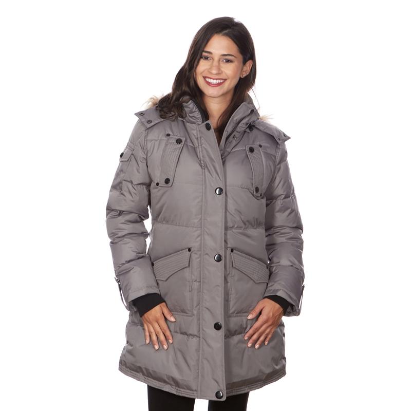 Women's Puffy Coat with Large Pockets and Faux Fur Hood Women's Apparel S Gray - DailySale