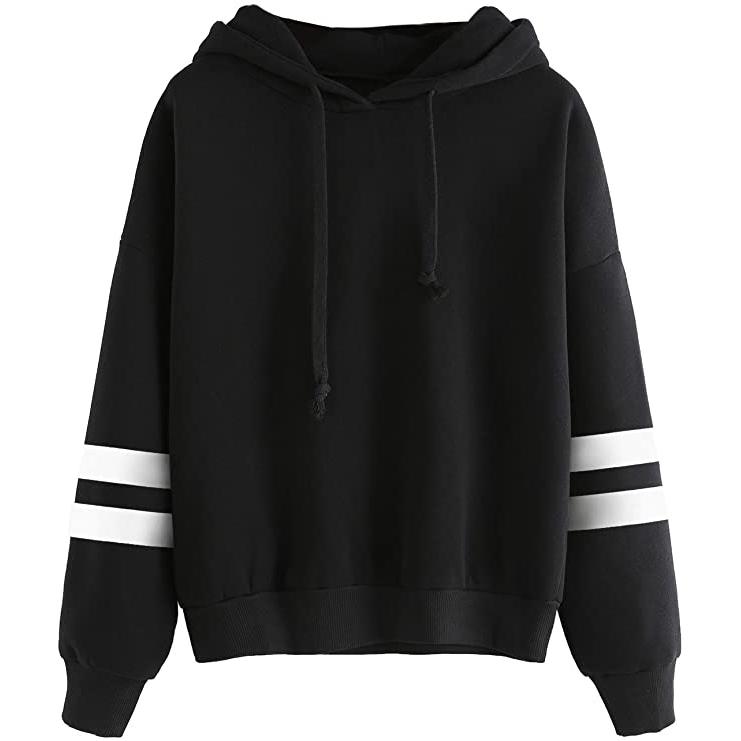 Women's Pullover Fleece Drop Shoulder Striped Hoodie Women's Tops Black S - DailySale