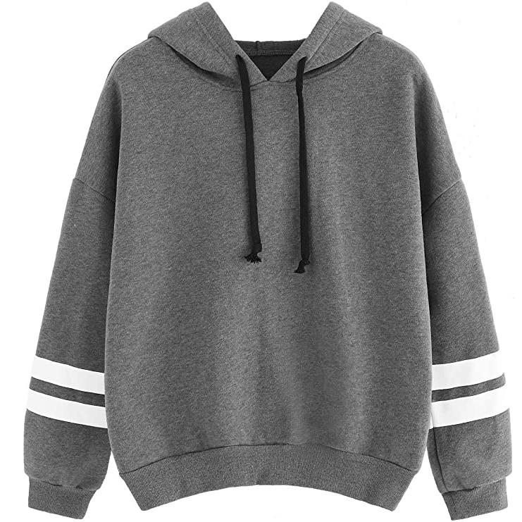 Women's Pullover Fleece Drop Shoulder Striped Hoodie Women's Tops Gray S - DailySale