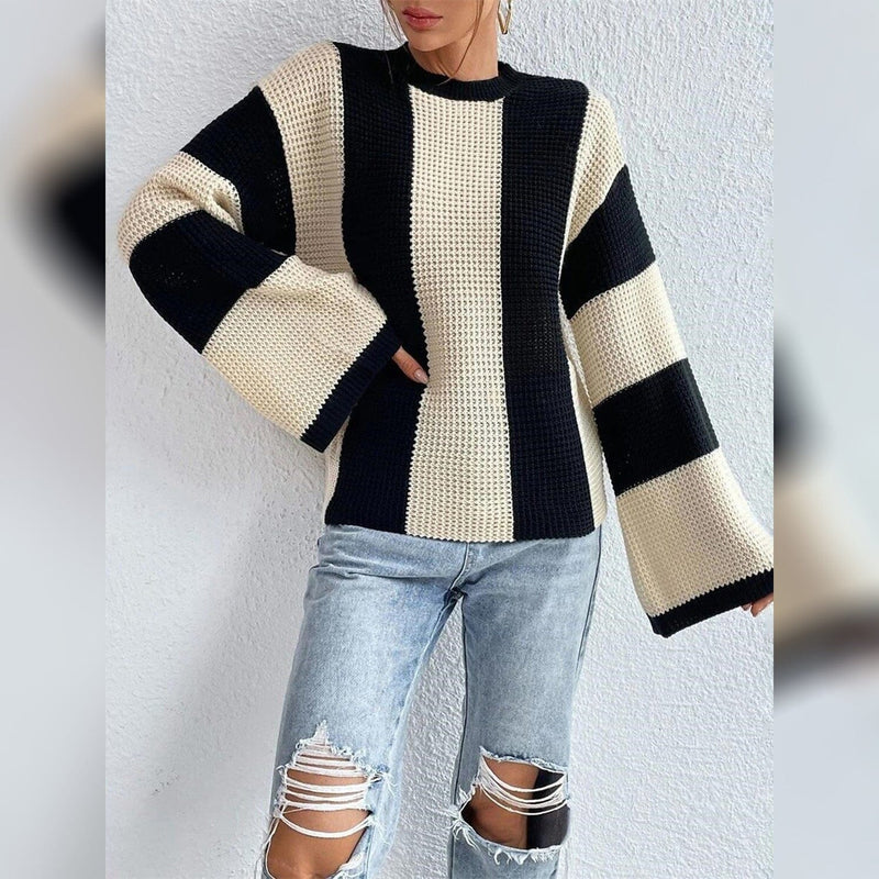 Women's Pullover Ribbed Knit Patchwork Striped Sweater