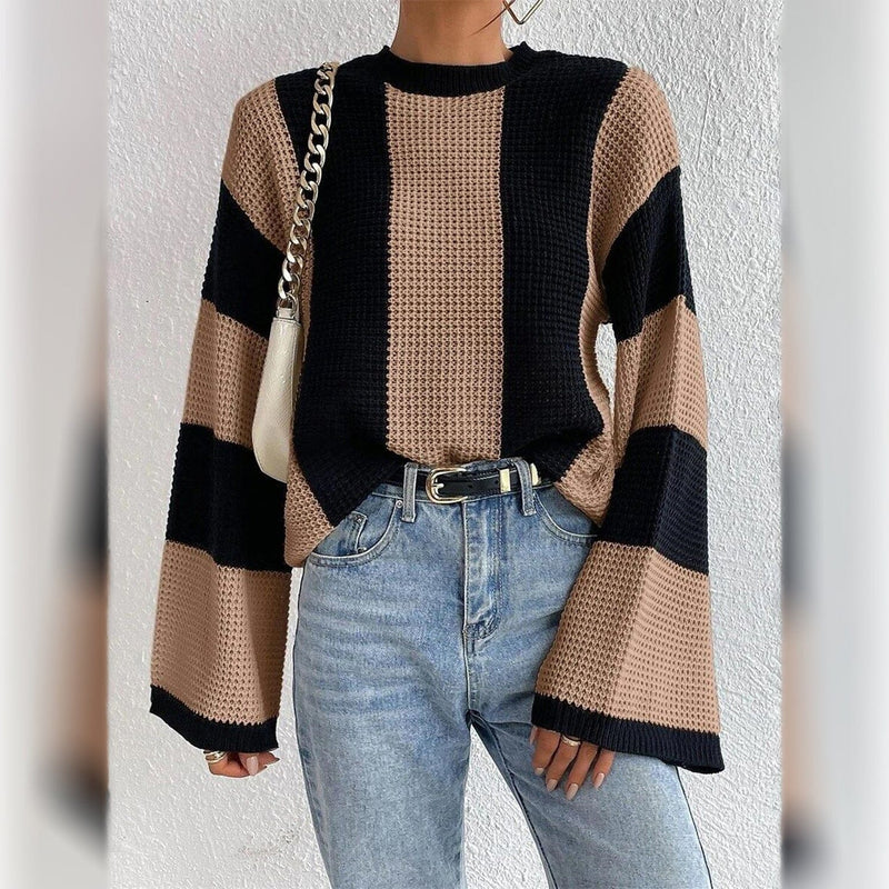 Women's Pullover Ribbed Knit Patchwork Striped Sweater