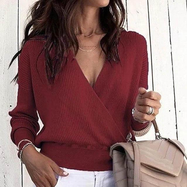 Women's Pullover Solid Colored Basic Long Sleeve Loose Short Sweater Cardigans Women's Tops Wine Red S - DailySale
