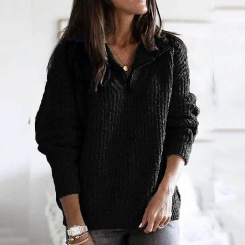 Women's Pullover Sweater Zipper Solid Color Basic Casual Long Sleeve Sweater Cardigans Women's Outerwear Black S - DailySale