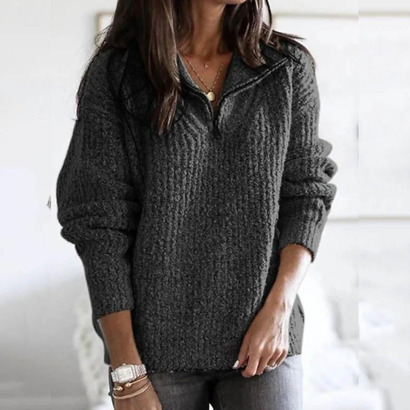 Women's Pullover Sweater Zipper Solid Color Basic Casual Long Sleeve Sweater Cardigans Women's Outerwear Gray S - DailySale