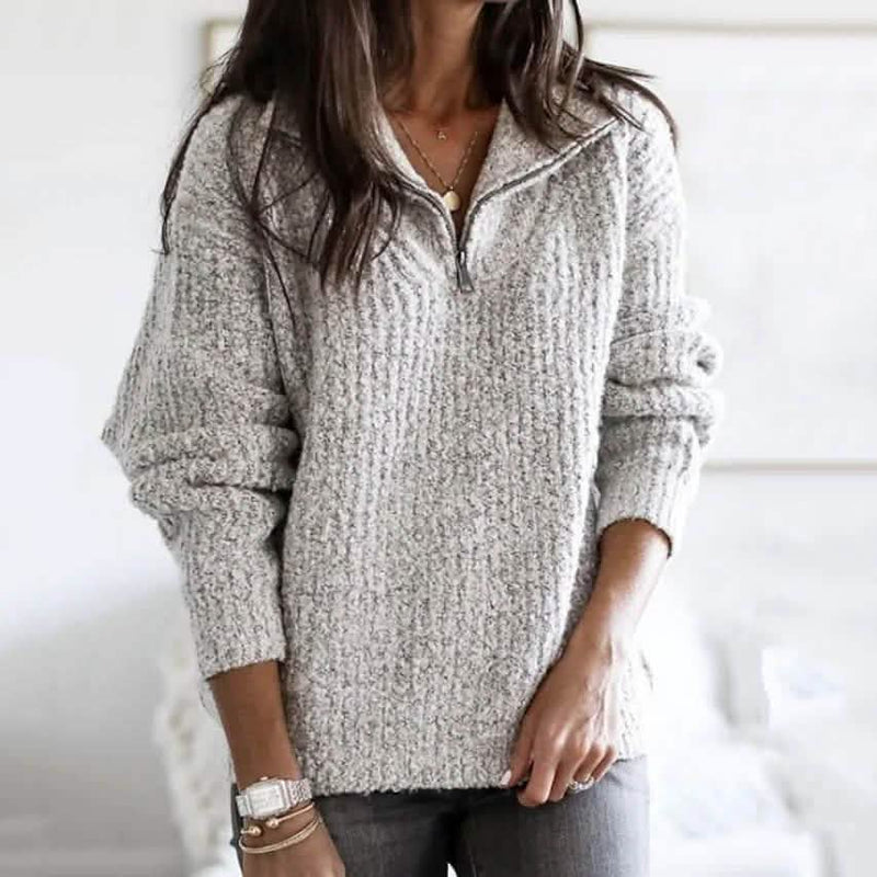 Women's Pullover Sweater Zipper Solid Color Basic Casual Long Sleeve Sweater Cardigans Women's Outerwear Light Gray S - DailySale