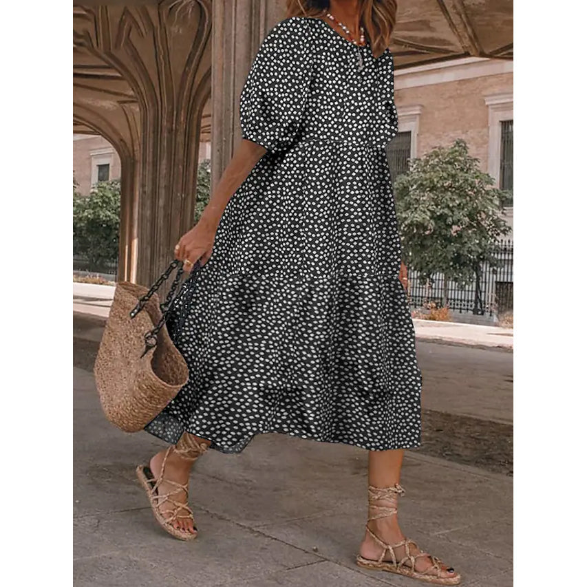 Women's Ruffled Patchwork Print Midi Dress Women's Dresses Black S - DailySale