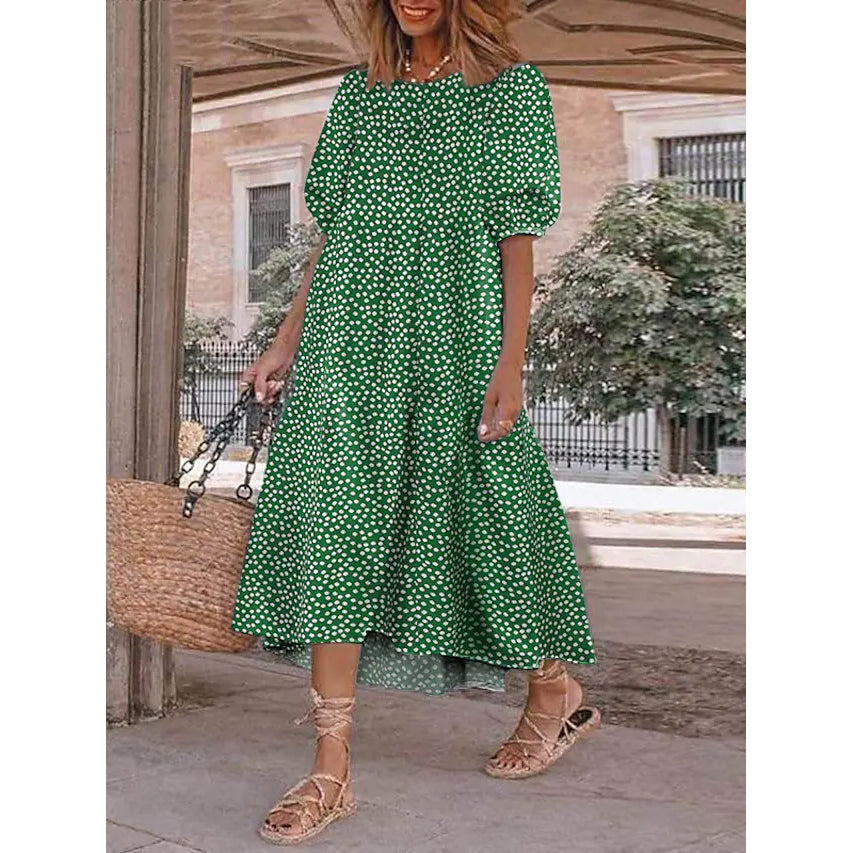 Women's Ruffled Patchwork Print Midi Dress Women's Dresses Green S - DailySale