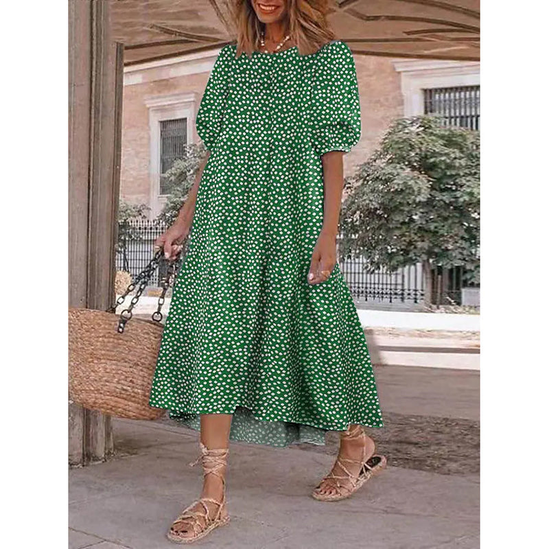 Women's Ruffled Patchwork Print Midi Dress Women's Dresses Green S - DailySale