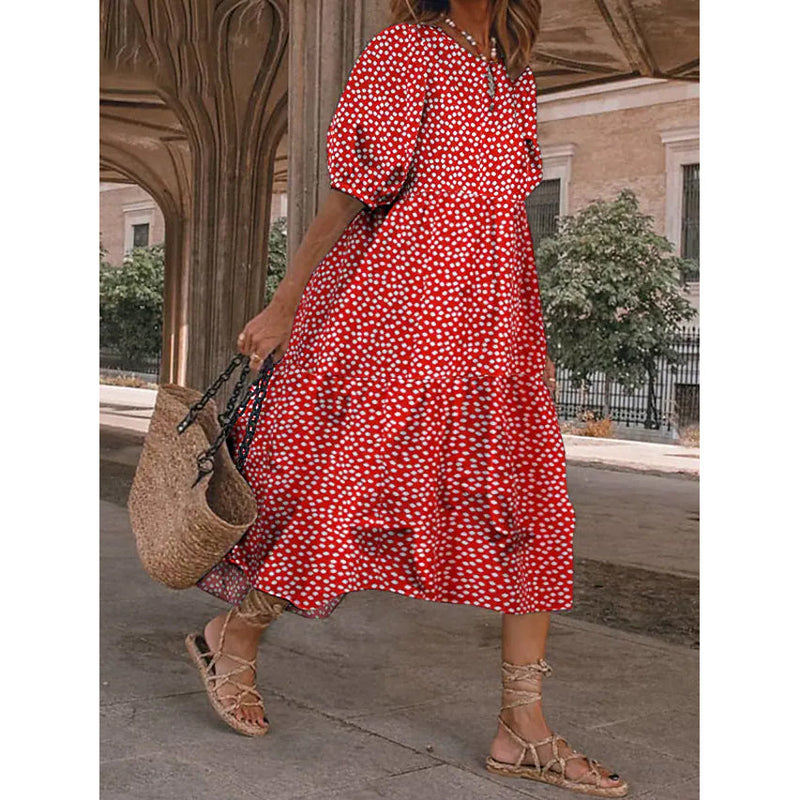 Women's Ruffled Patchwork Print Midi Dress Women's Dresses Red S - DailySale