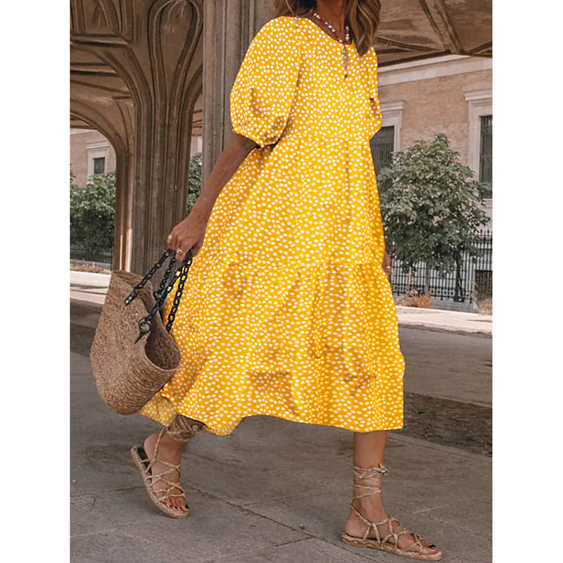Women's Ruffled Patchwork Print Midi Dress Women's Dresses Yellow S - DailySale