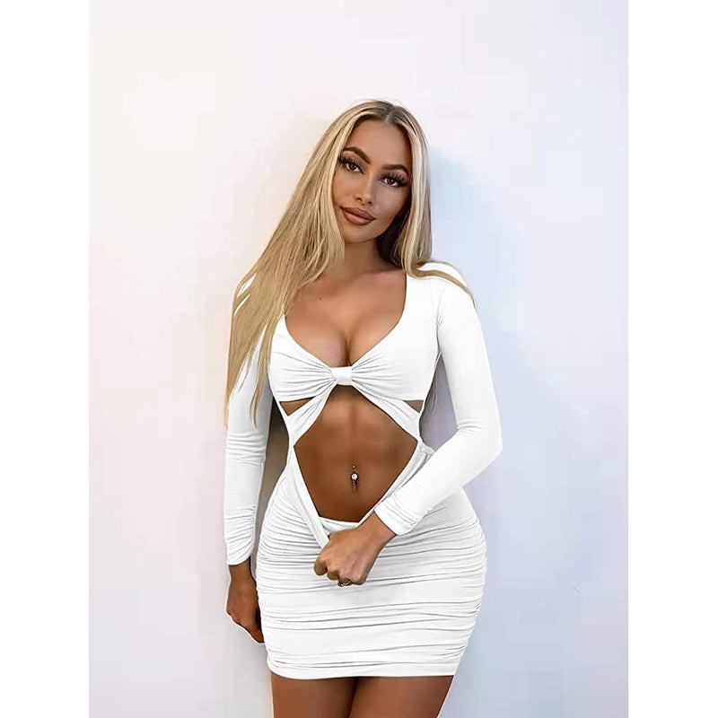 Smiling woman with one hand pulling down a section of a white Sexy Bodycon Deep V Neck Long Sleeve Cut Out Club Mini Dress