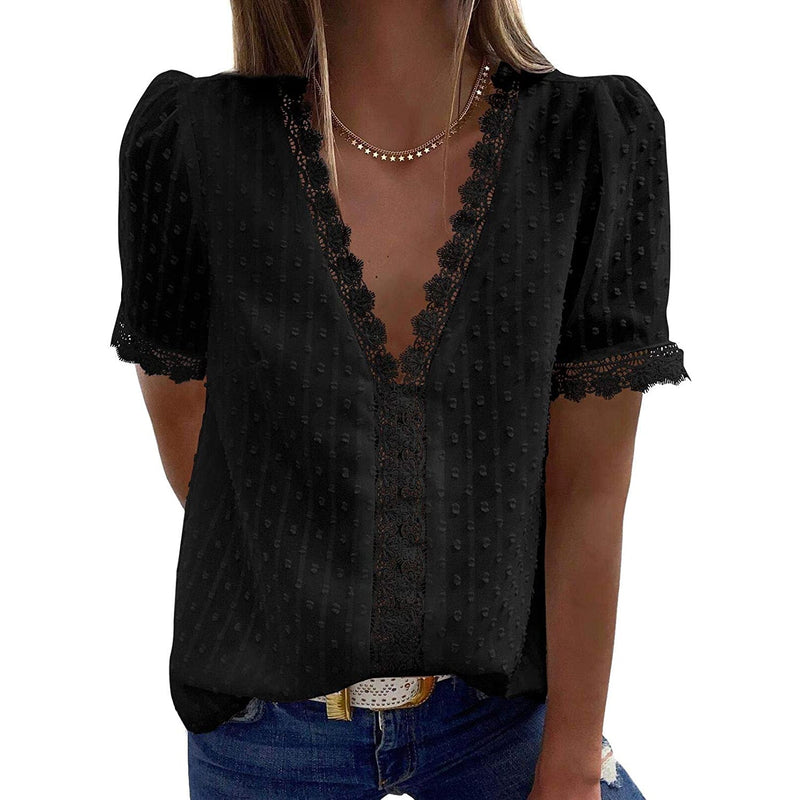 Women's Sexy Lace V-Neck Top Women's Tops Black S - DailySale