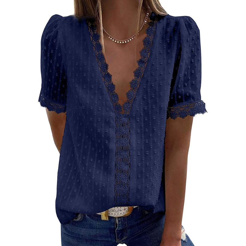 Women's Sexy Lace V-Neck Top Women's Tops Blue S - DailySale