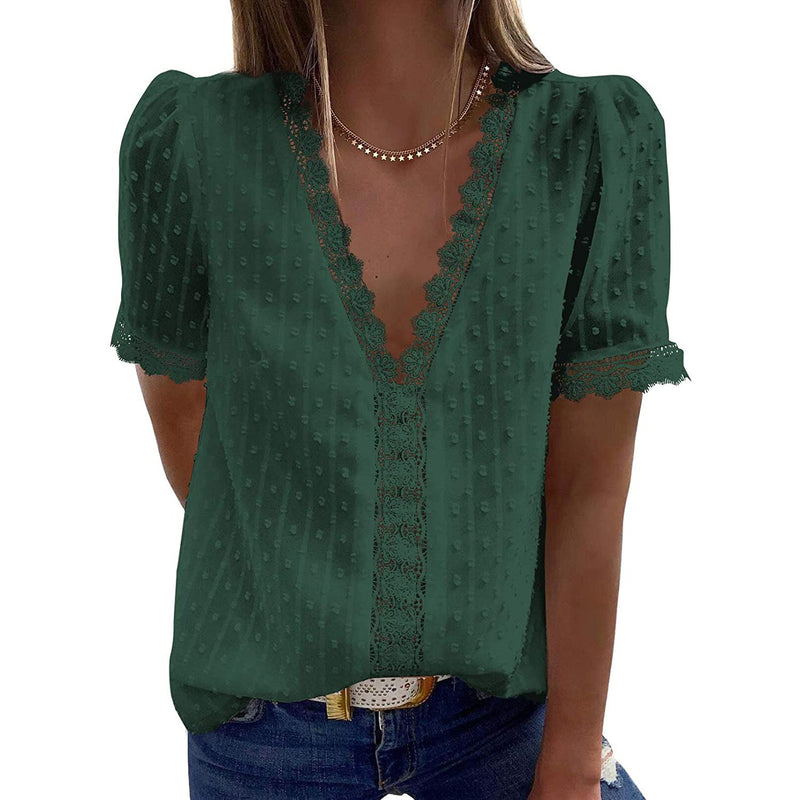 Women's Sexy Lace V-Neck Top Women's Tops Green S - DailySale