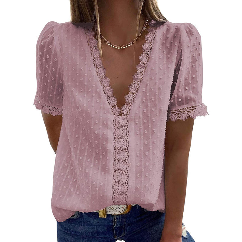 Women's Sexy Lace V-Neck Top Women's Tops Pink S - DailySale