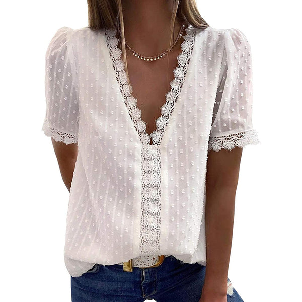 Women's Sexy Lace V-Neck Top Women's Tops White S - DailySale