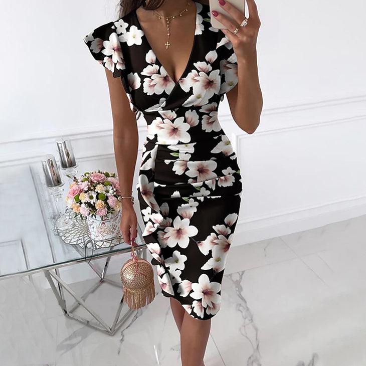 Women's Sheath Knee Length Dress Women's Dresses White Flowers on Black S - DailySale