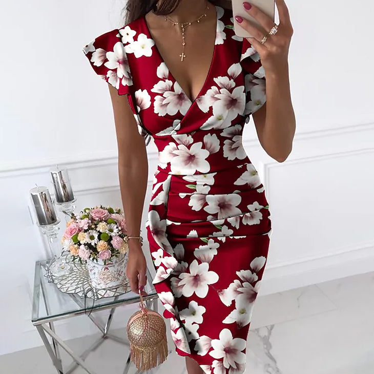 Women's Sheath Knee Length Dress Women's Dresses White Flowers on Red Background S - DailySale