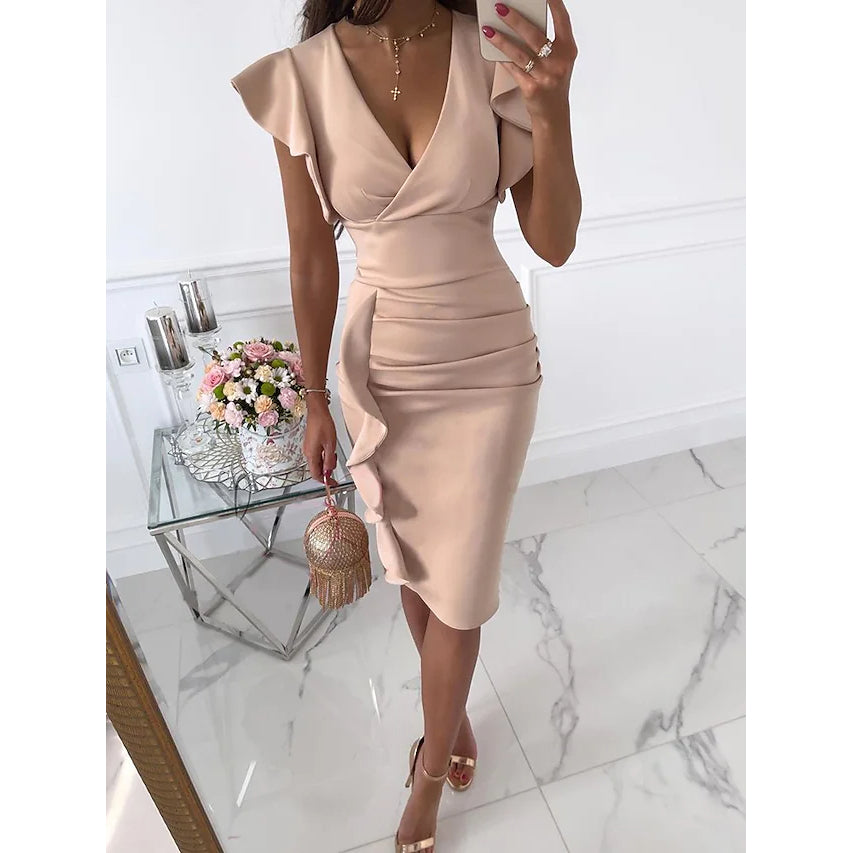 Women's Sheath V-Neck Knee Length Dress Women's Dresses Apricot S - DailySale