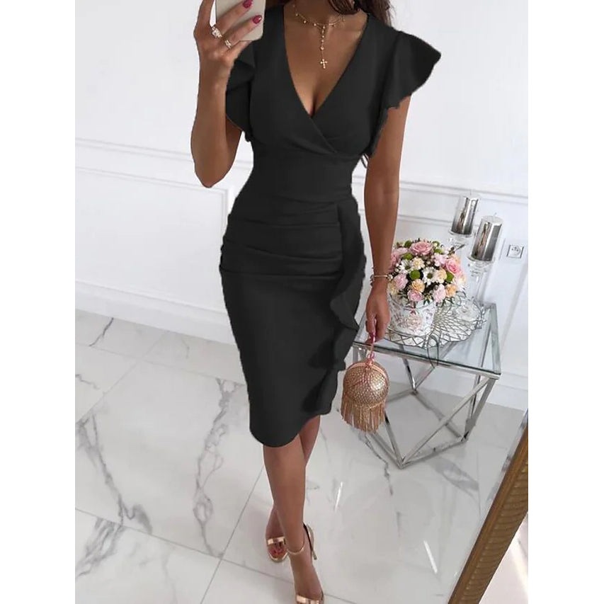 Women's Sheath V-Neck Knee Length Dress Women's Dresses Black S - DailySale