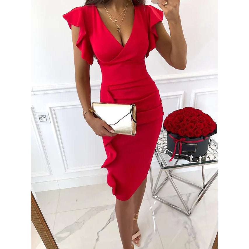 Women's Sheath V-Neck Knee Length Dress Women's Dresses Red S - DailySale