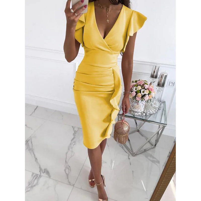 Women's Sheath V-Neck Knee Length Dress Women's Dresses Yellow S - DailySale