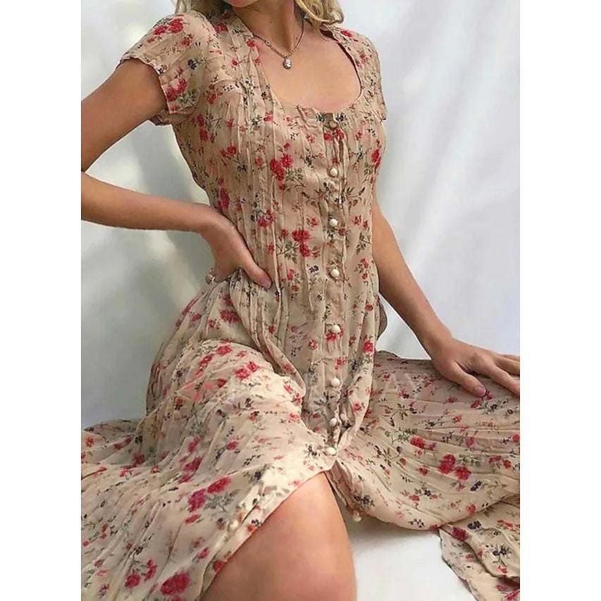 Women's Shift Short Sleeve Floral Print Dress Women's Dresses Beige S - DailySale