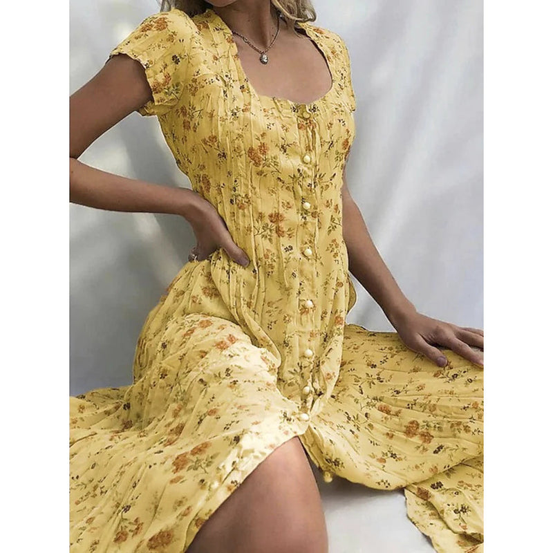 Women's Shift Short Sleeve Floral Print Dress Women's Dresses Yellow S - DailySale