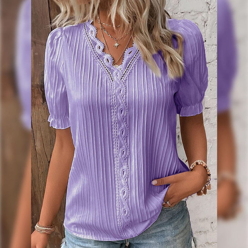 Women's Shirt Blouse Plain Lace Short Sleeve Casual Basic V Neck Women's Tops Violet S - DailySale