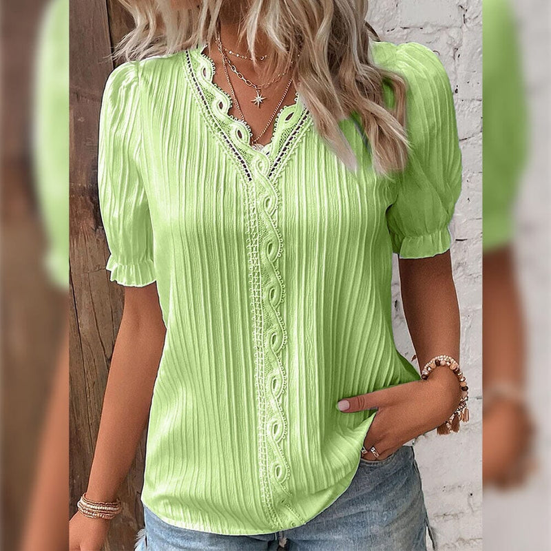 Women's Shirt Blouse Plain Lace Short Sleeve Casual Basic V Neck Women's Tops Yellow Green S - DailySale