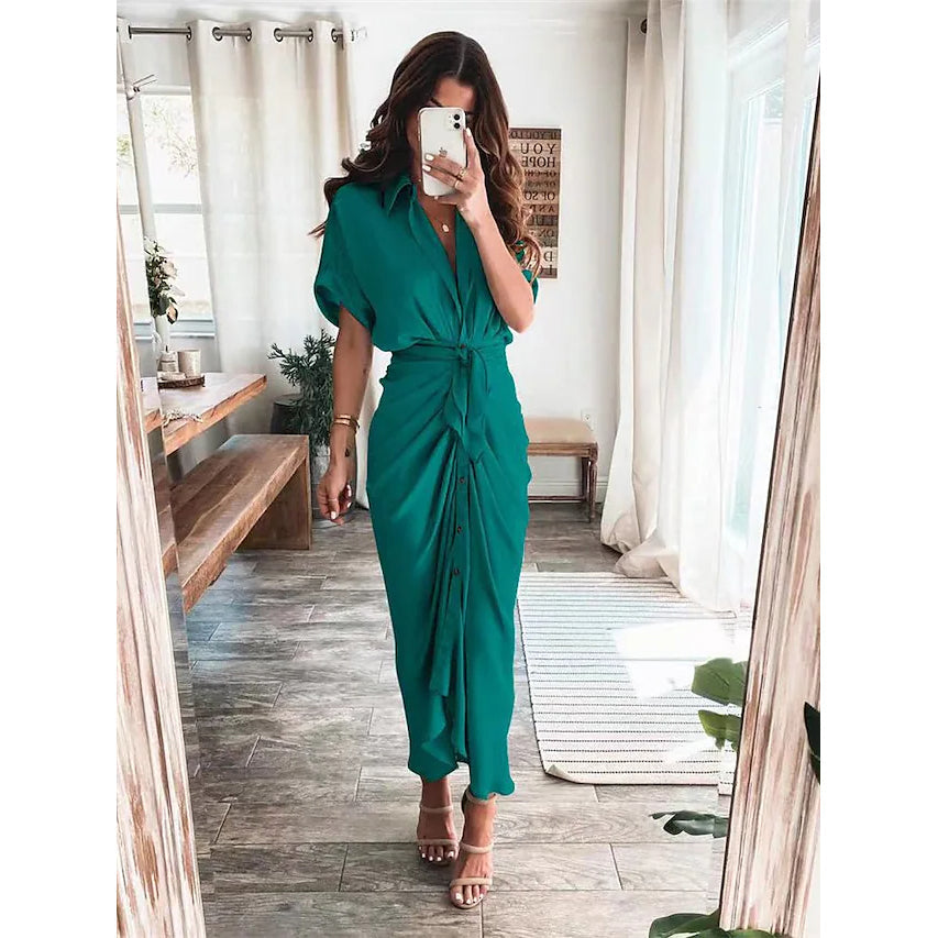 Women's Shirt Maxi Long Dress Women's Dresses Army Green S - DailySale