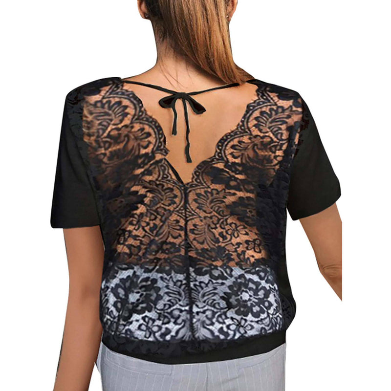 Women's Short Sleeve Back Lace Top Blouse
