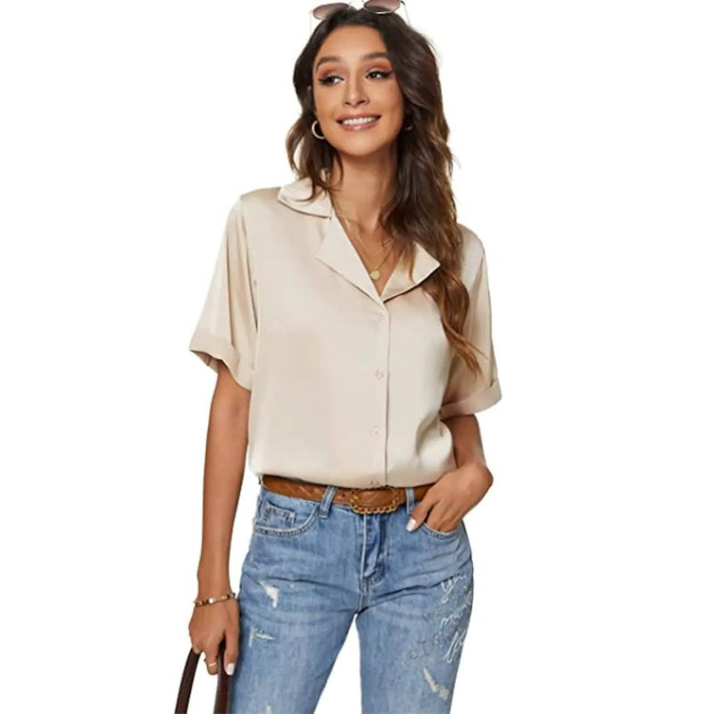Women's Short Sleeve Casual Satin Button Down Shirt Women's Tops Brown S - DailySale