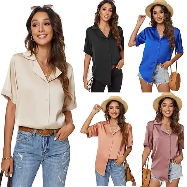 Women's Short Sleeve Casual Satin Button Down Shirt Women's Tops - DailySale