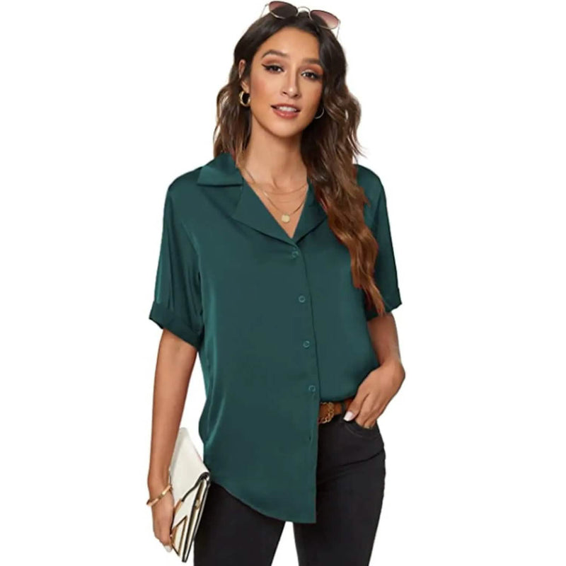 Women's Short Sleeve Casual Satin Button Down Shirt Women's Tops Dark Green S - DailySale