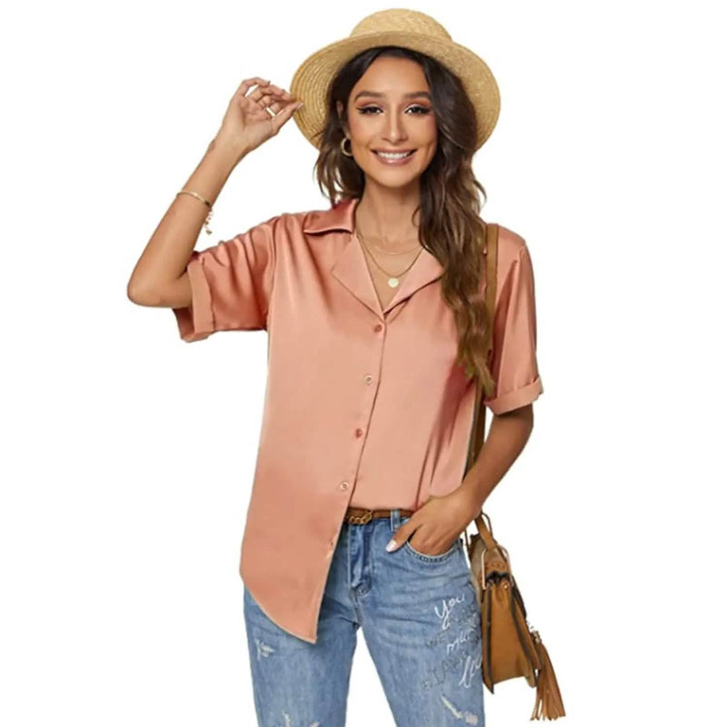 Women's Short Sleeve Casual Satin Button Down Shirt Women's Tops Pink S - DailySale