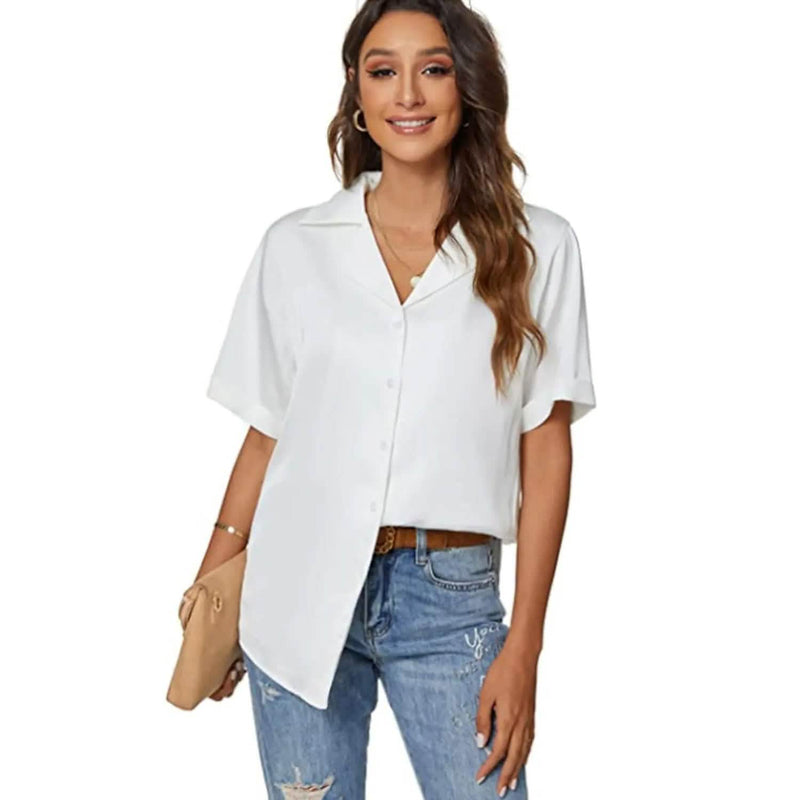 Women's Short Sleeve Casual Satin Button Down Shirt Women's Tops White S - DailySale