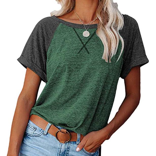 Women's Short Sleeve Raglan Crewneck T Shirts Women's Clothing Green/Gray S - DailySale