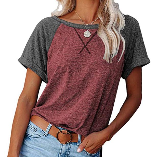 Women's Short Sleeve Raglan Crewneck T Shirts Women's Clothing Wine/Gray S - DailySale