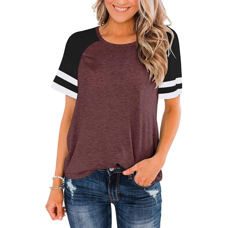 Womens Short Sleeve Shirts Crew Neck Color Block Women's Clothing Burgundy S - DailySale