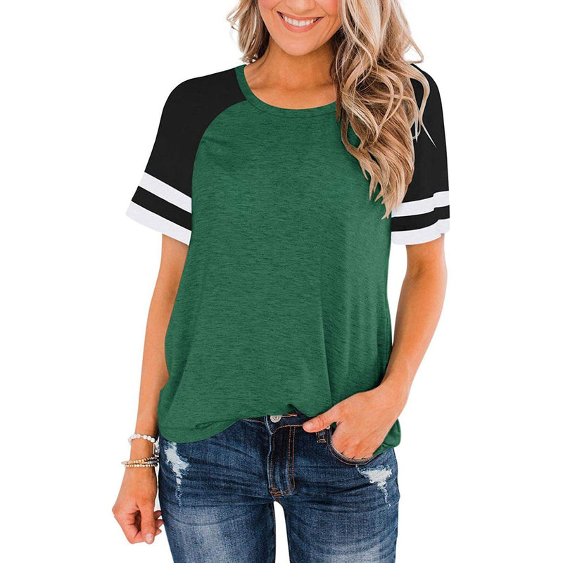 Womens Short Sleeve Shirts Crew Neck Color Block Women's Clothing Green S - DailySale