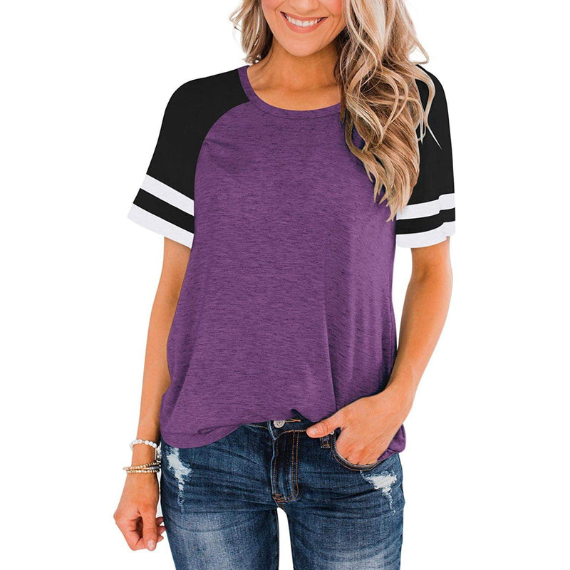 Womens Short Sleeve Shirts Crew Neck Color Block Women's Clothing Purple S - DailySale